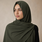 Manruya Premium Ribbed Jersey Shayla – Dark Olive Green | شيلة مانرويا جيرسي مضلعة فاخرة – أخضر زيتوني داكن