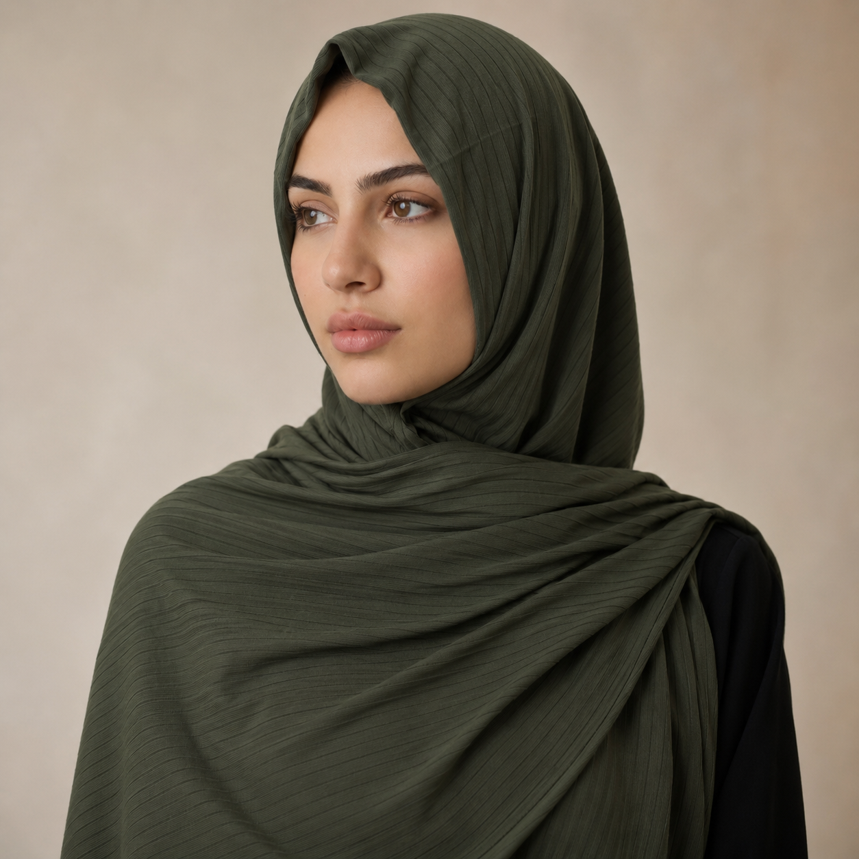 Manruya Premium Ribbed Jersey Shayla – Dark Olive Green | شيلة مانرويا جيرسي مضلعة فاخرة – أخضر زيتوني داكن