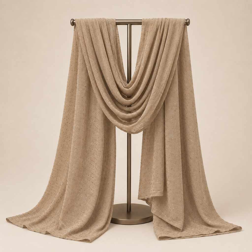 Manruya Premium Gold Dust Softy Shayla – Beige | شيلة مانرويا سوفتي فاخرة بلمعة ذهبية – بيج