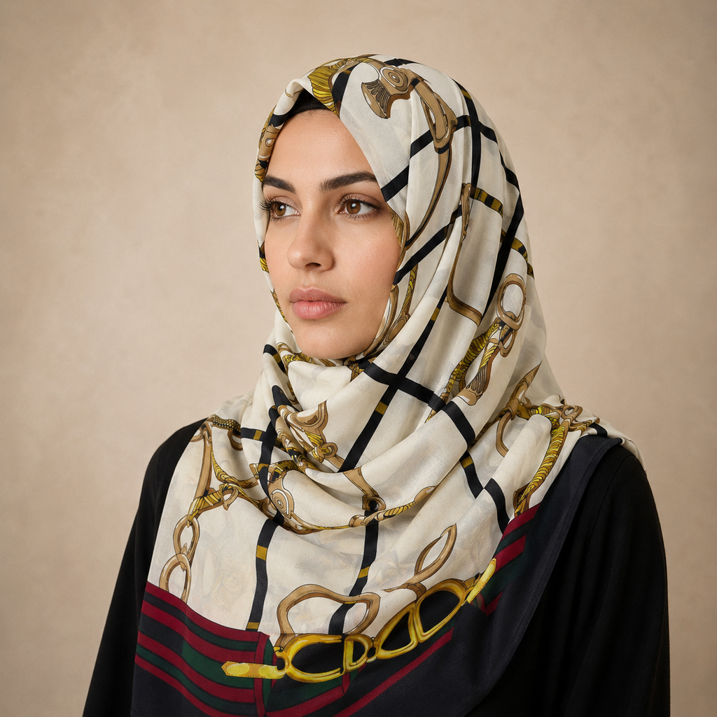 Manruya Luxury Satin Silk Printed Shayla – Ivory Chain Print | شيلة مانرويا ساتان حرير فاخرة بطبعة السلسلة – عاجي
