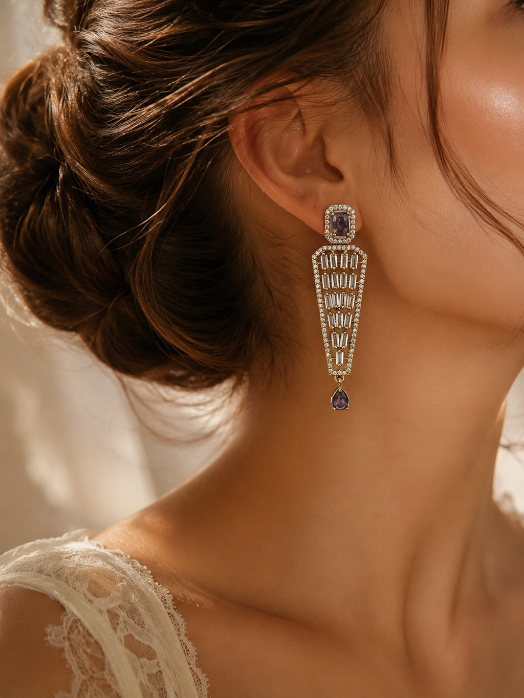 Manruya Antique Gold Amethyst & Baguette Drop Earrings - أقراط الأرجوان الفاخرة