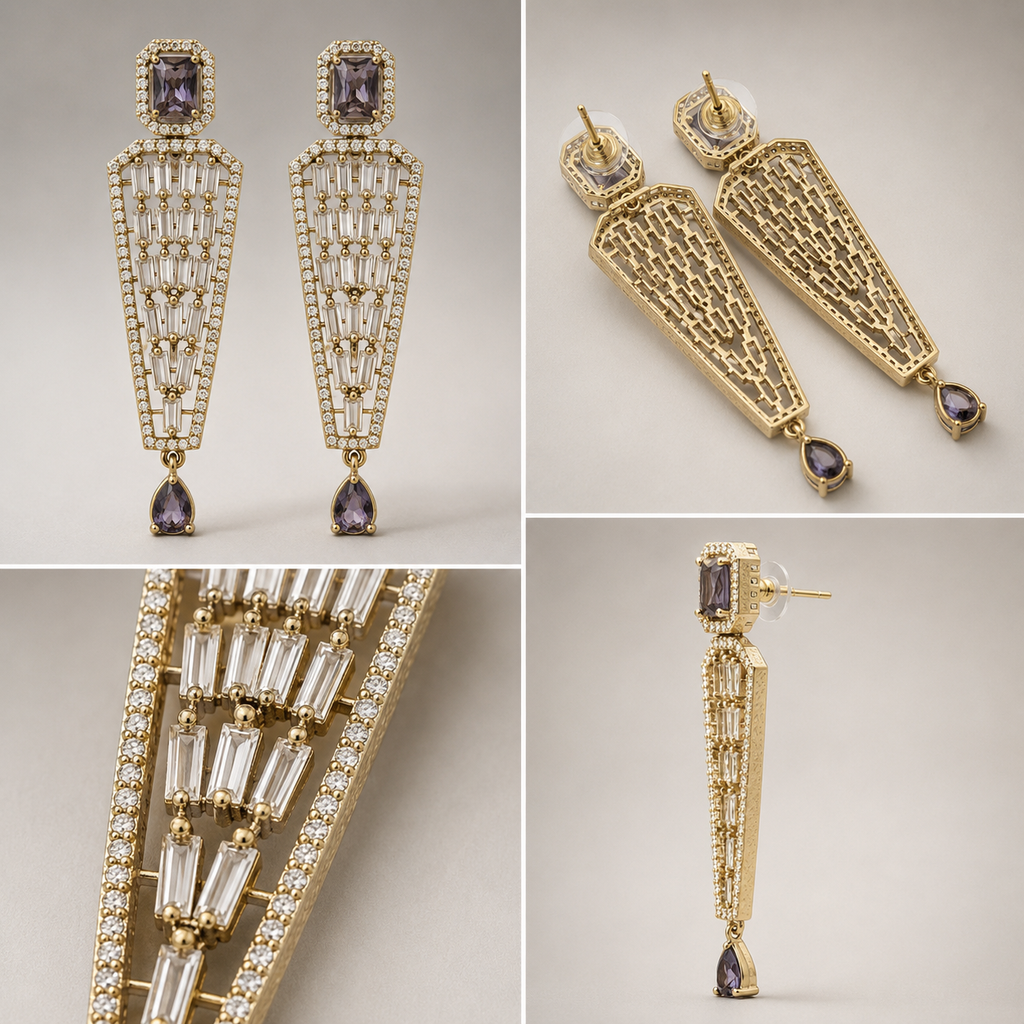 Manruya Antique Gold Amethyst & Baguette Drop Earrings - أقراط الأرجوان الفاخرة