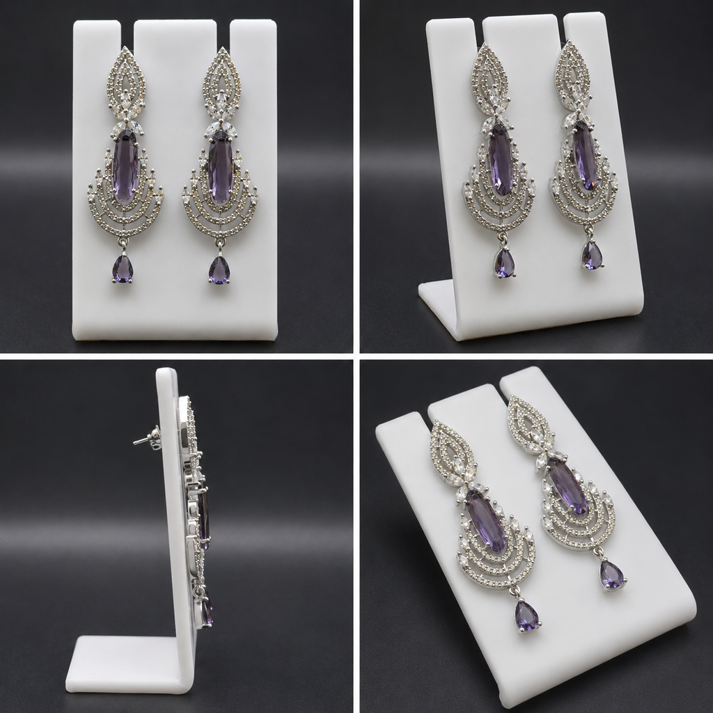 Silver Rhodium Purple Amethyst CZ Chandelier Earrings – Luxury Bridal Imitation Danglers | أقراط متدلية بنفسجية فاخرة