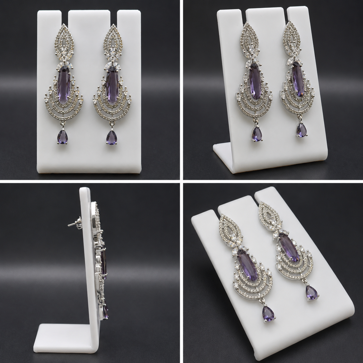 Silver Rhodium Purple Amethyst CZ Chandelier Earrings – Luxury Bridal Imitation Danglers | أقراط متدلية بنفسجية فاخرة