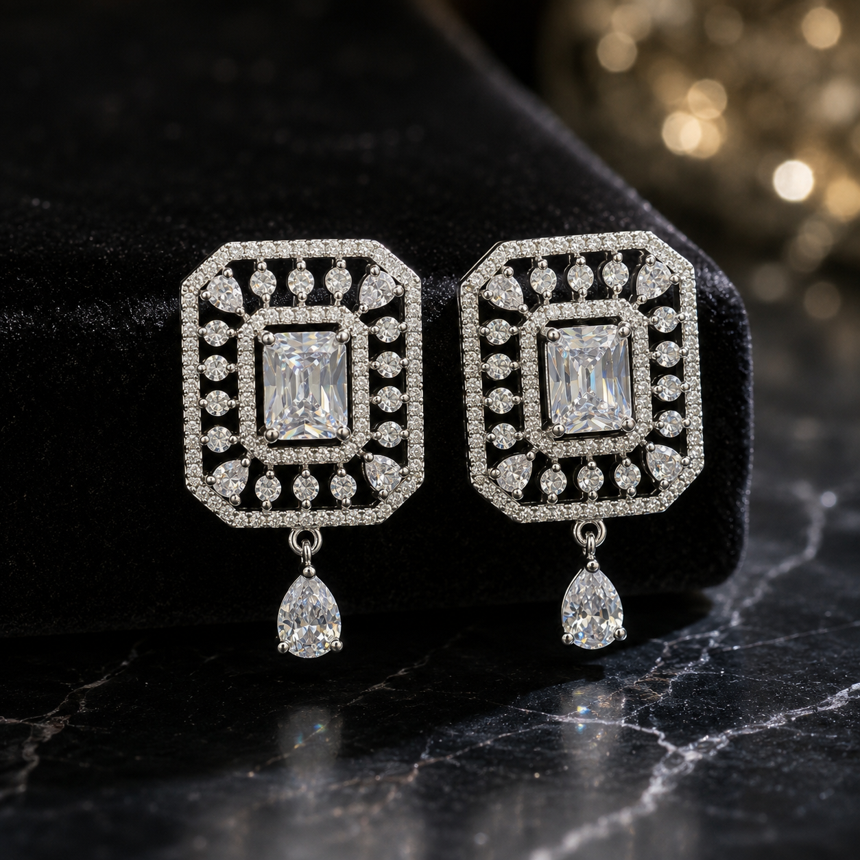 Manruya Emerald-Cut Geometric Halo Drop Earrings - أقراط المربع الفاخرة