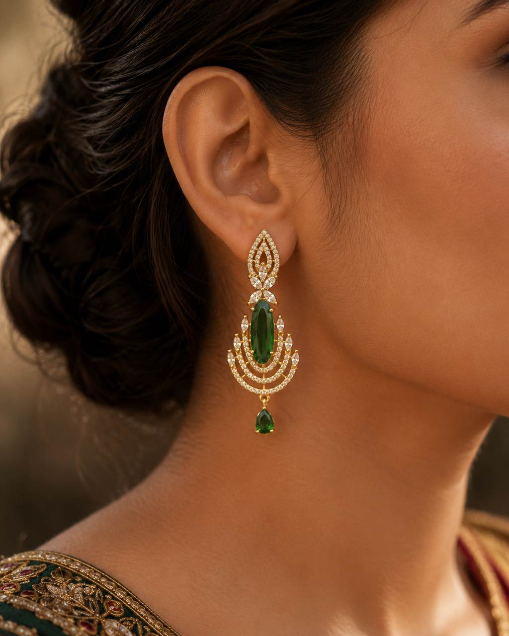Manruya Antique Emerald Chandelier Earrings in Victorian Gold - أقراط زمرّد فيكتورية