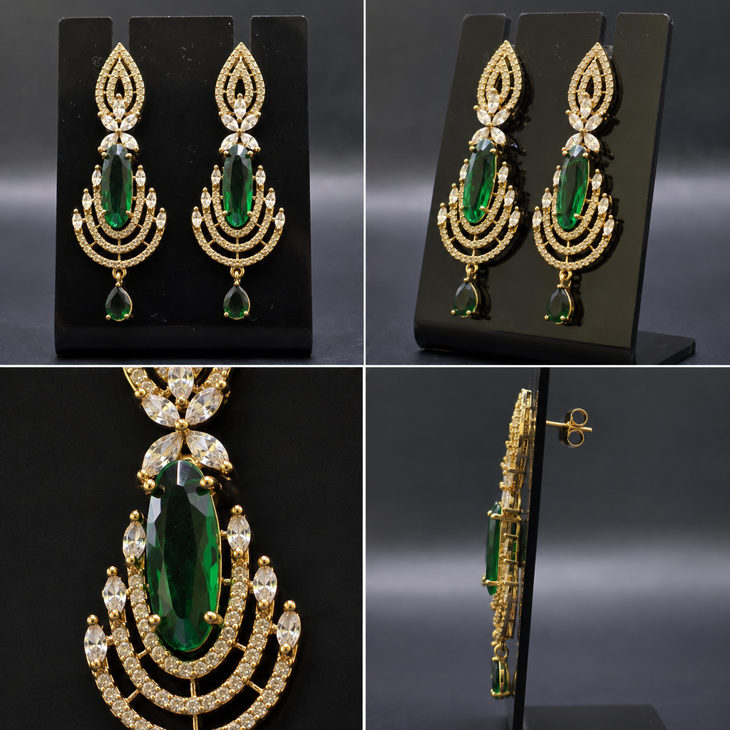 Manruya Antique Emerald Chandelier Earrings in Victorian Gold - أقراط زمرّد فيكتورية