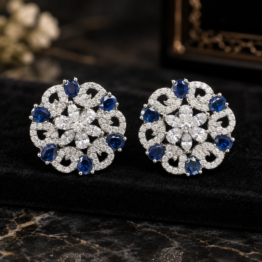 Manruya Sapphire Blue Floral Mandala Stud Earrings - أقراط الماندالا الزرقاء