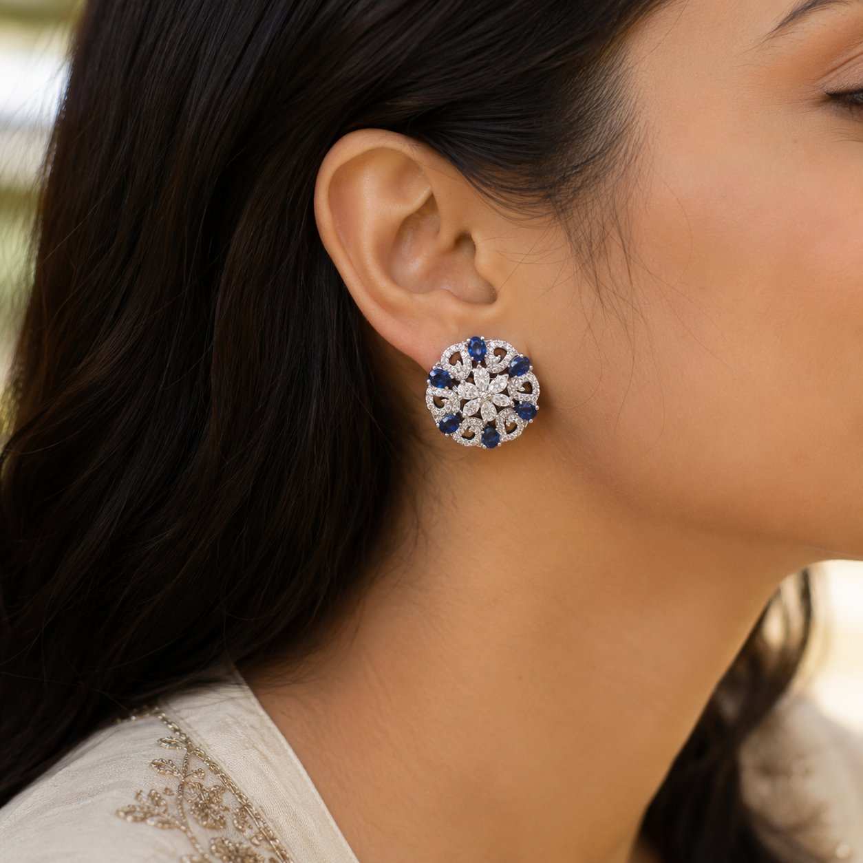 Manruya Sapphire Blue Floral Mandala Stud Earrings - أقراط الماندالا الزرقاء