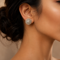 Premium Gold-Toned Imitation CZ Arabesque Blossom Stud Earrings – Luxury Round Statement Tops | أقراط زركون تقليد درجة أولى