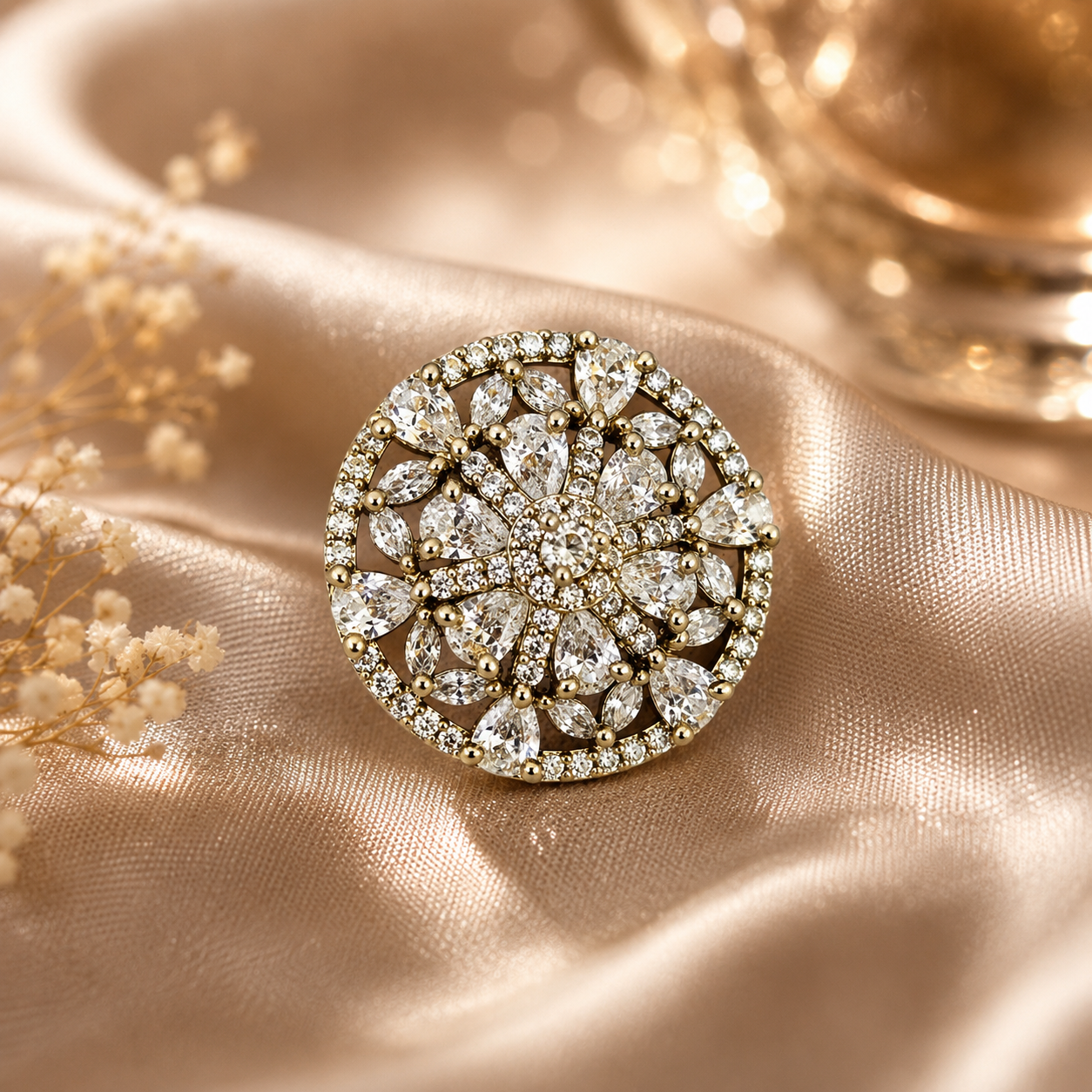 Premium Gold-Toned Imitation CZ Arabesque Blossom Stud Earrings – Luxury Round Statement Tops | أقراط زركون تقليد درجة أولى