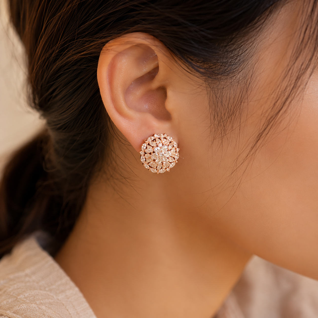 Manruya Rose Gold Floral Mandala Stud Earrings - أقراط روز جولد الفاخرة
