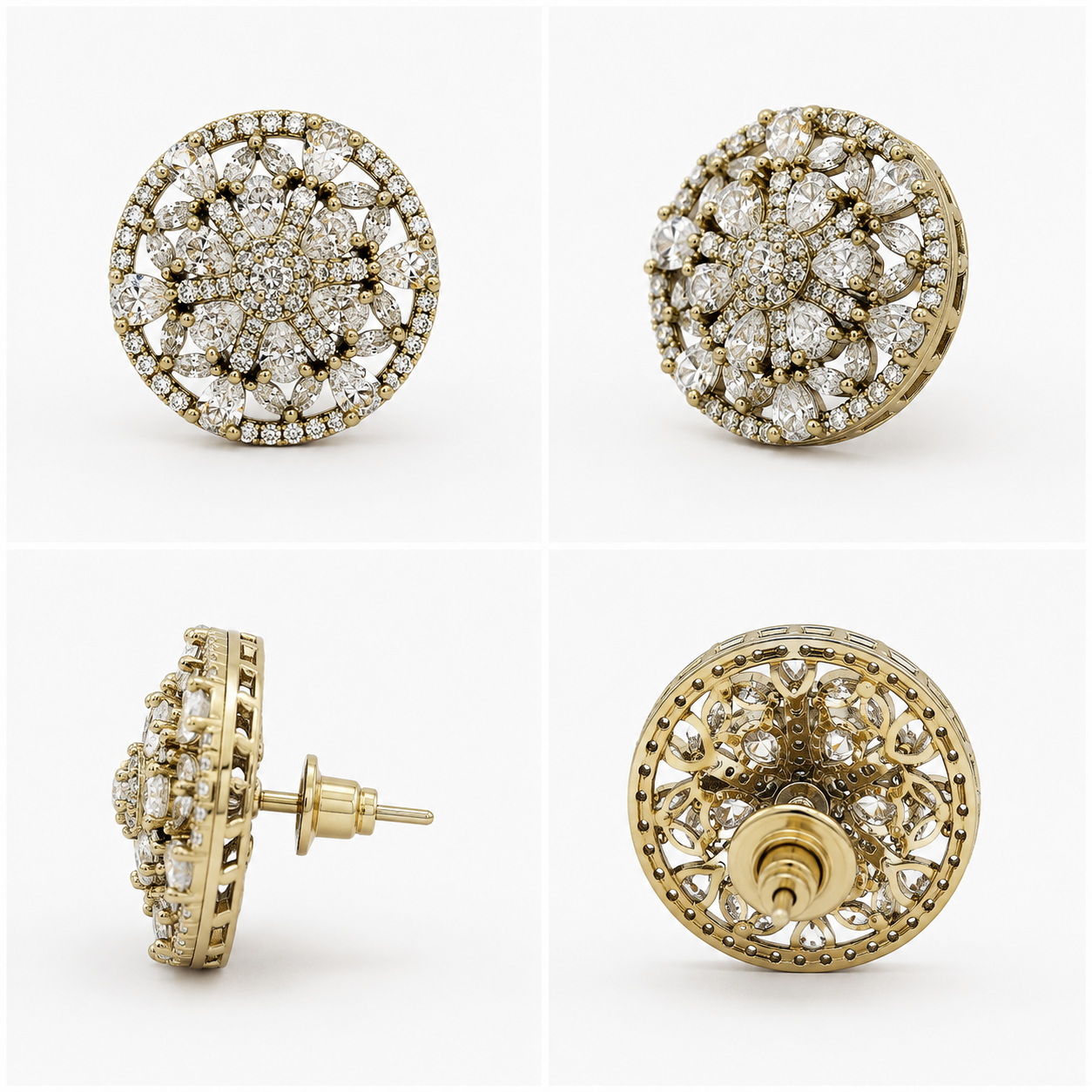 Premium Gold-Toned Imitation CZ Arabesque Blossom Stud Earrings – Luxury Round Statement Tops | أقراط زركون تقليد درجة أولى