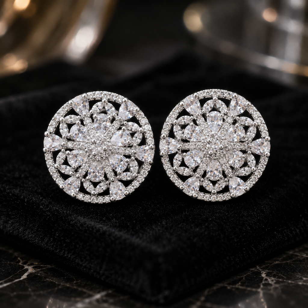 Manruya Silver Lace Floral Mandala Stud Earrings - أقراط الماندالا الفضية