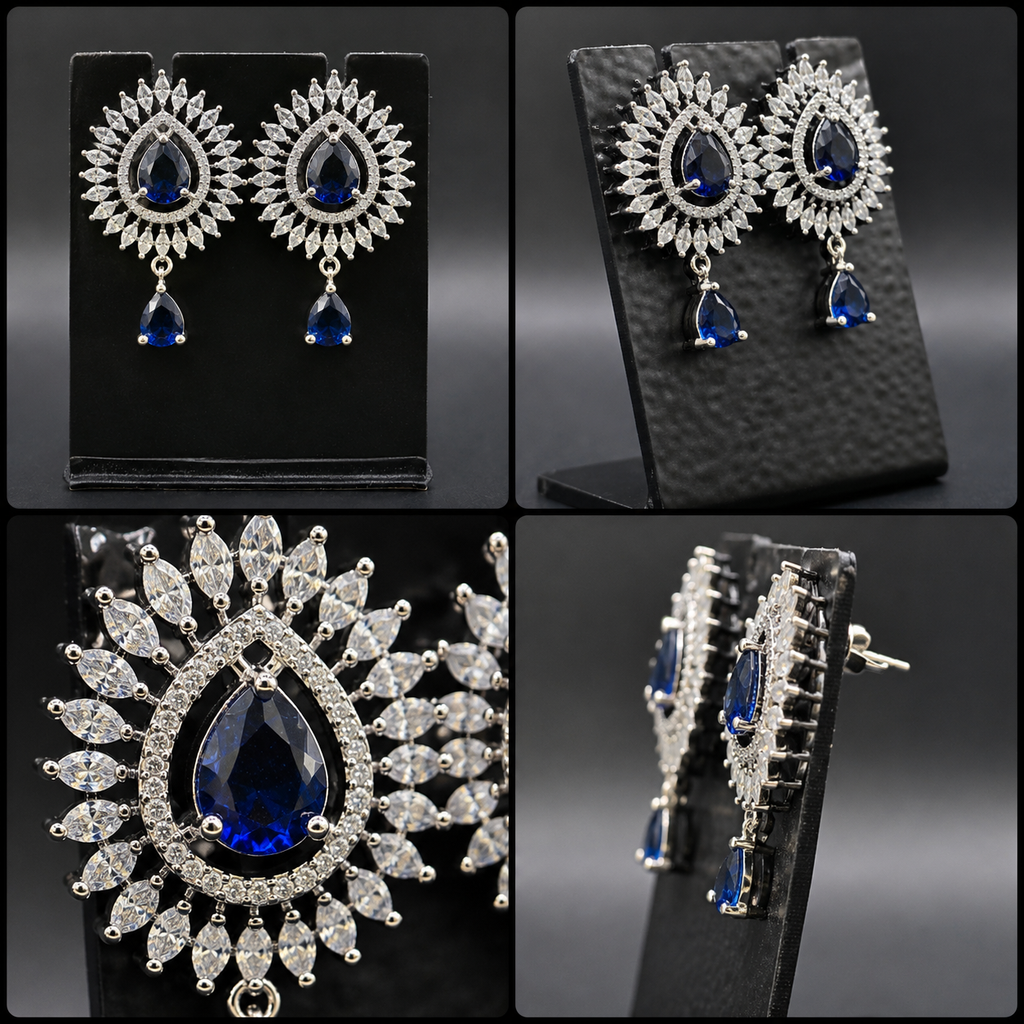 Manruya Royal Blue Teardrop Sunburst Drop Earrings - أقراط السافير الملكية