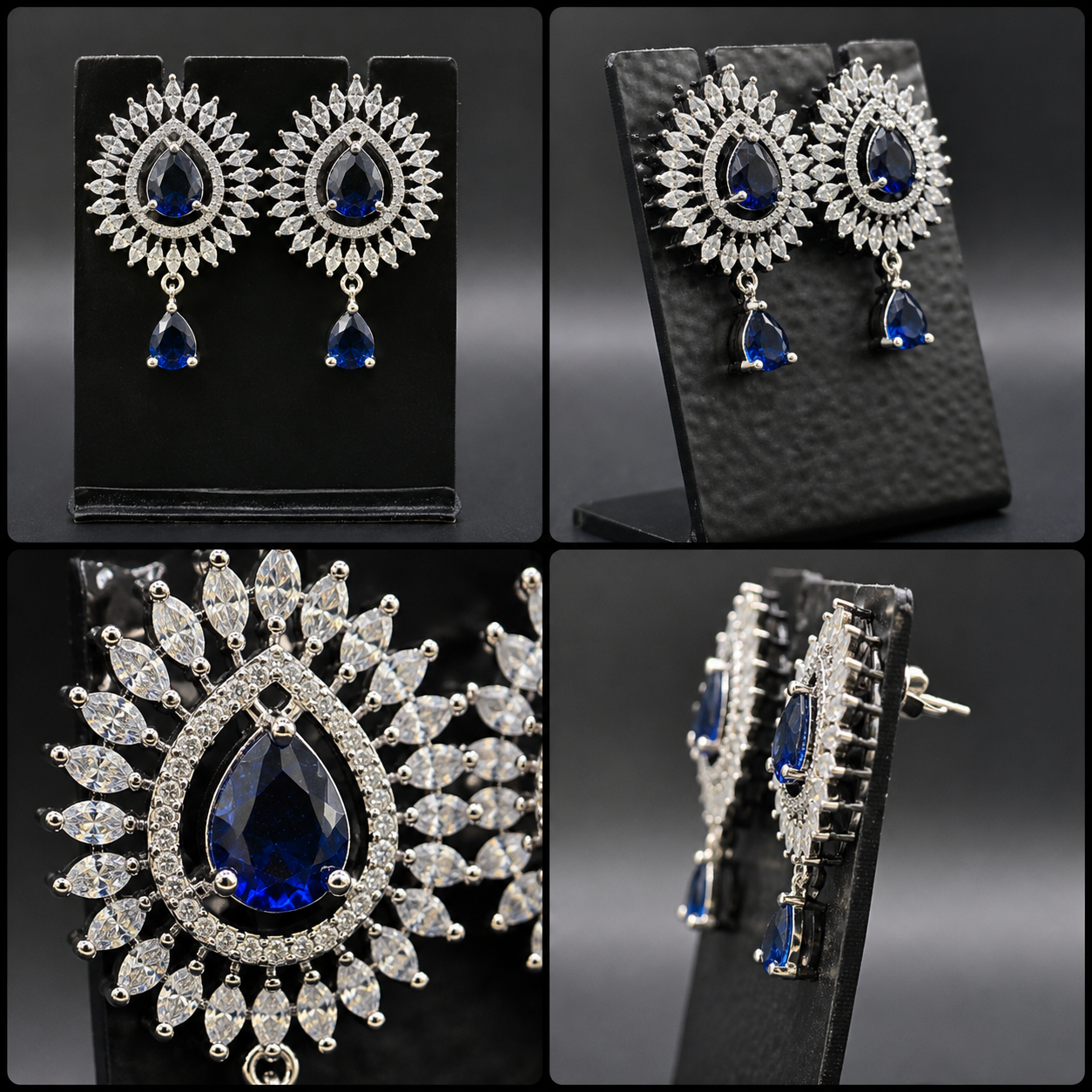 Manruya Royal Blue Teardrop Sunburst Drop Earrings - أقراط السافير الملكية