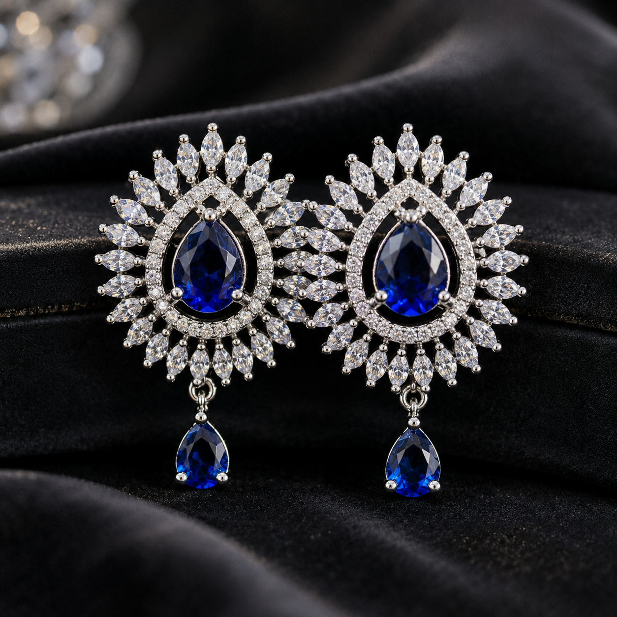 Manruya Royal Blue Teardrop Sunburst Drop Earrings - أقراط السافير الملكية