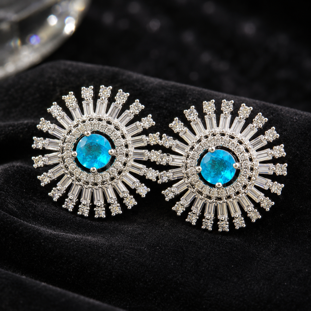 Manruya Aquamarine Blue Baguette Sunburst Stud Earrings - أقراط الشمس الفيروزية