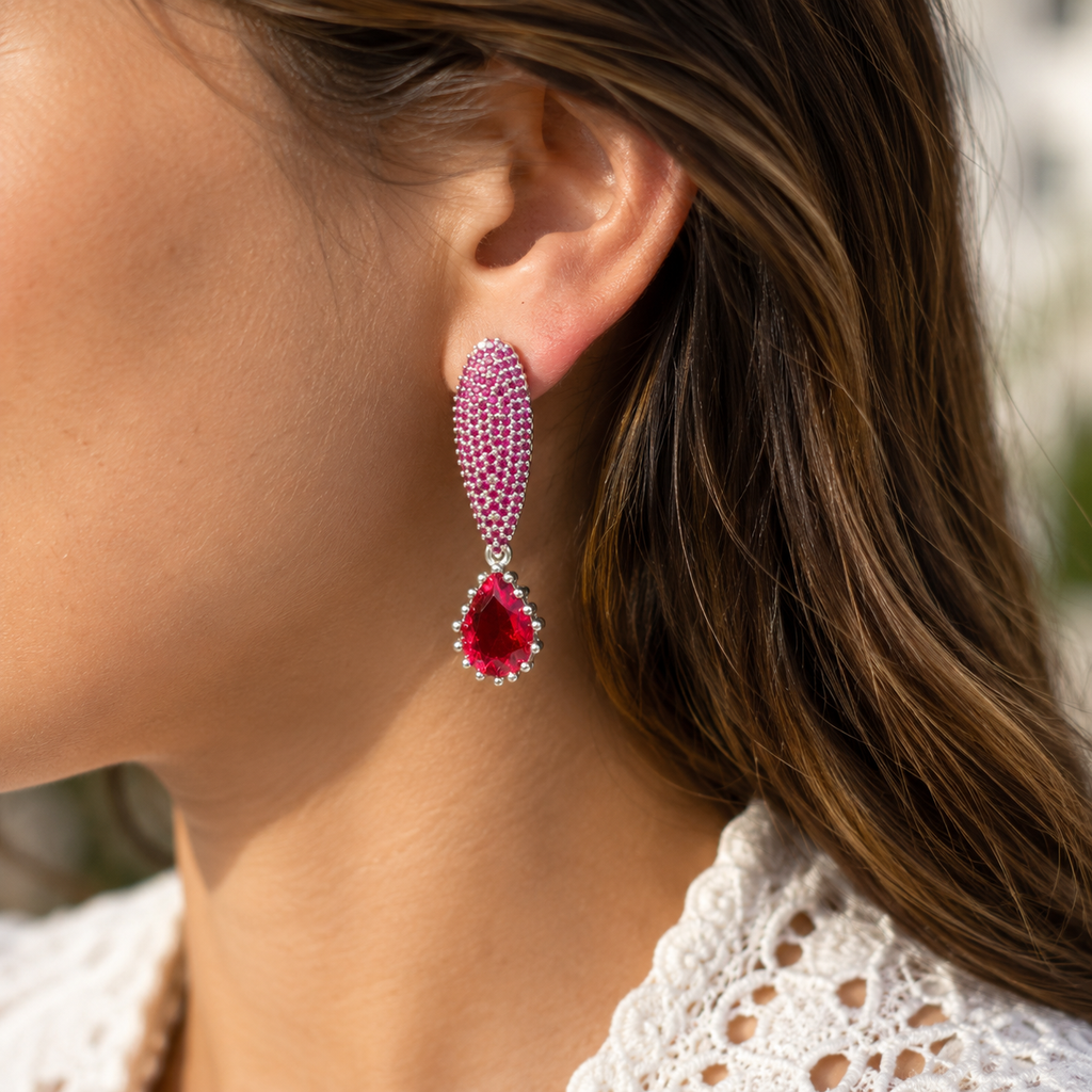 Manruya Pink Ruby Pavé Teardrop Drop Earrings - أقراط الياقوت الوردي الفاخرة