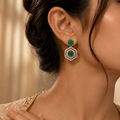 Manruya Premium Gold-Toned Green Onyx CZ Hexagon Drop Earrings – Luxury Geometric Danglers | أقراط زركون خضراء هندسية