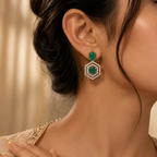 Manruya Premium Gold-Toned Green Onyx CZ Hexagon Drop Earrings – Luxury Geometric Danglers | أقراط زركون خضراء هندسية