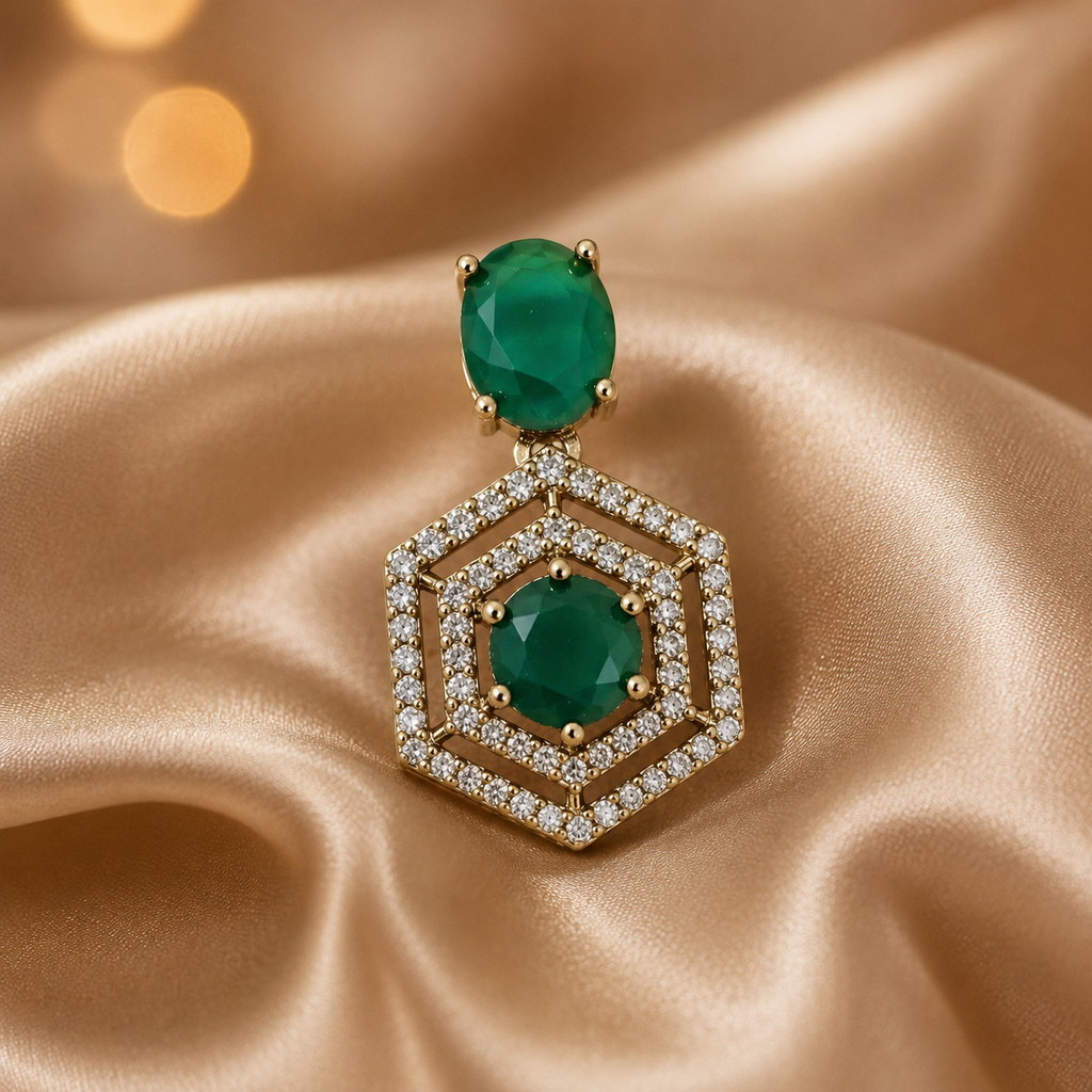 Manruya Premium Gold-Toned Green Onyx CZ Hexagon Drop Earrings – Luxury Geometric Danglers | أقراط زركون خضراء هندسية