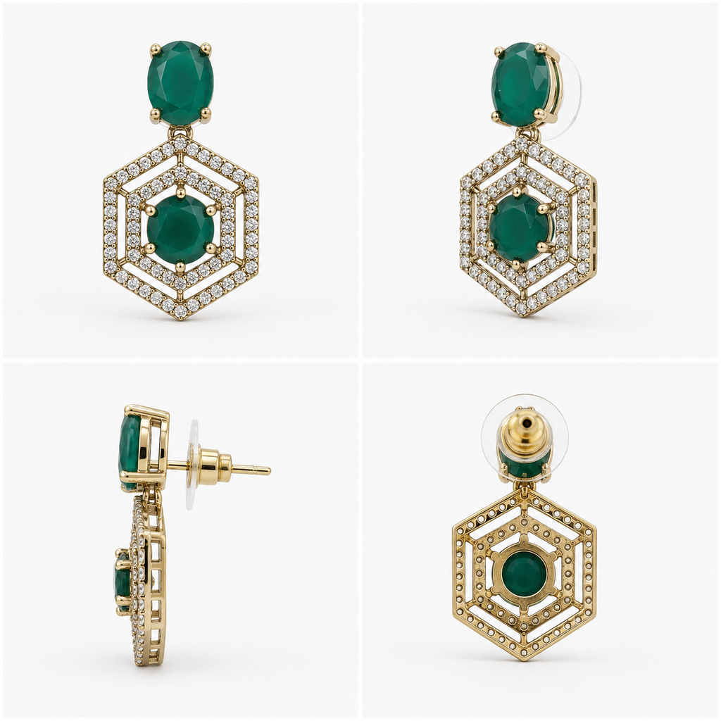 Manruya Premium Gold-Toned Green Onyx CZ Hexagon Drop Earrings – Luxury Geometric Danglers | أقراط زركون خضراء هندسية