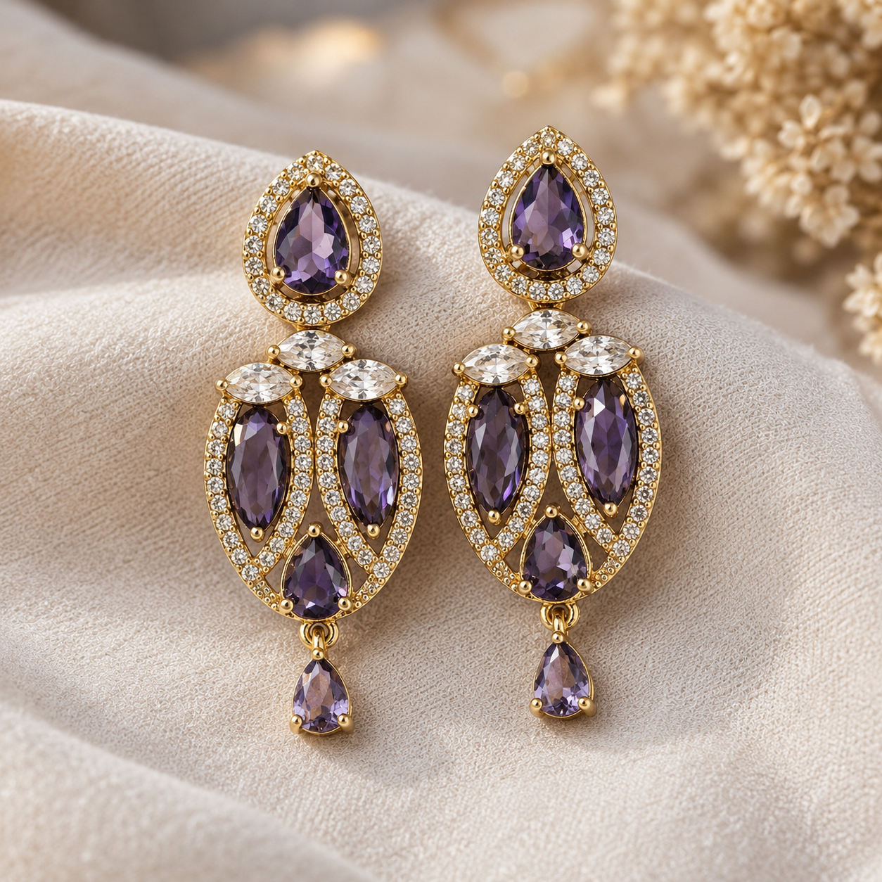 Manruya Antique Amethyst Marquise Drop Earrings in Victorian Gold - أقراط الأرجوان الفيكتورية