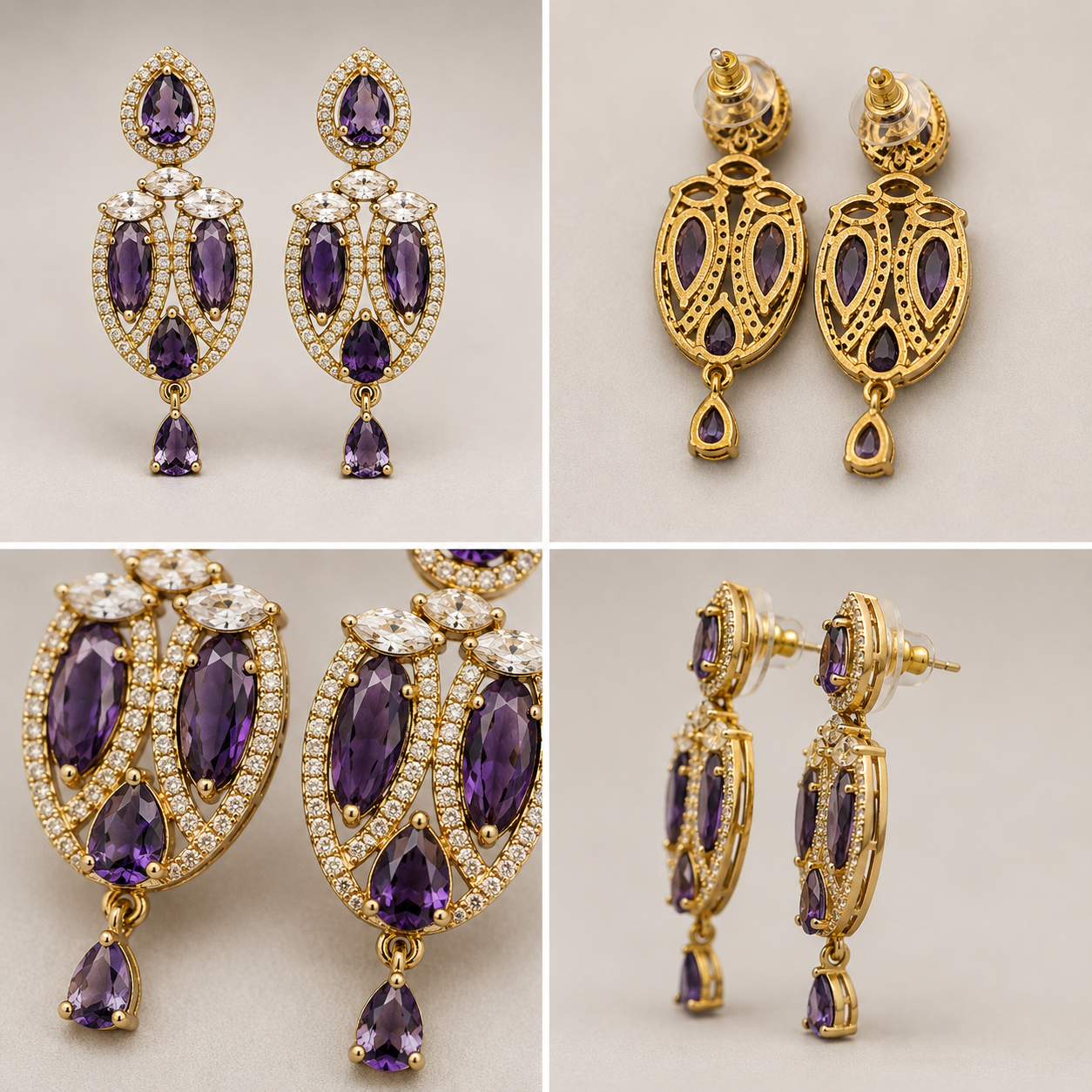 Manruya Antique Amethyst Marquise Drop Earrings in Victorian Gold - أقراط الأرجوان الفيكتورية