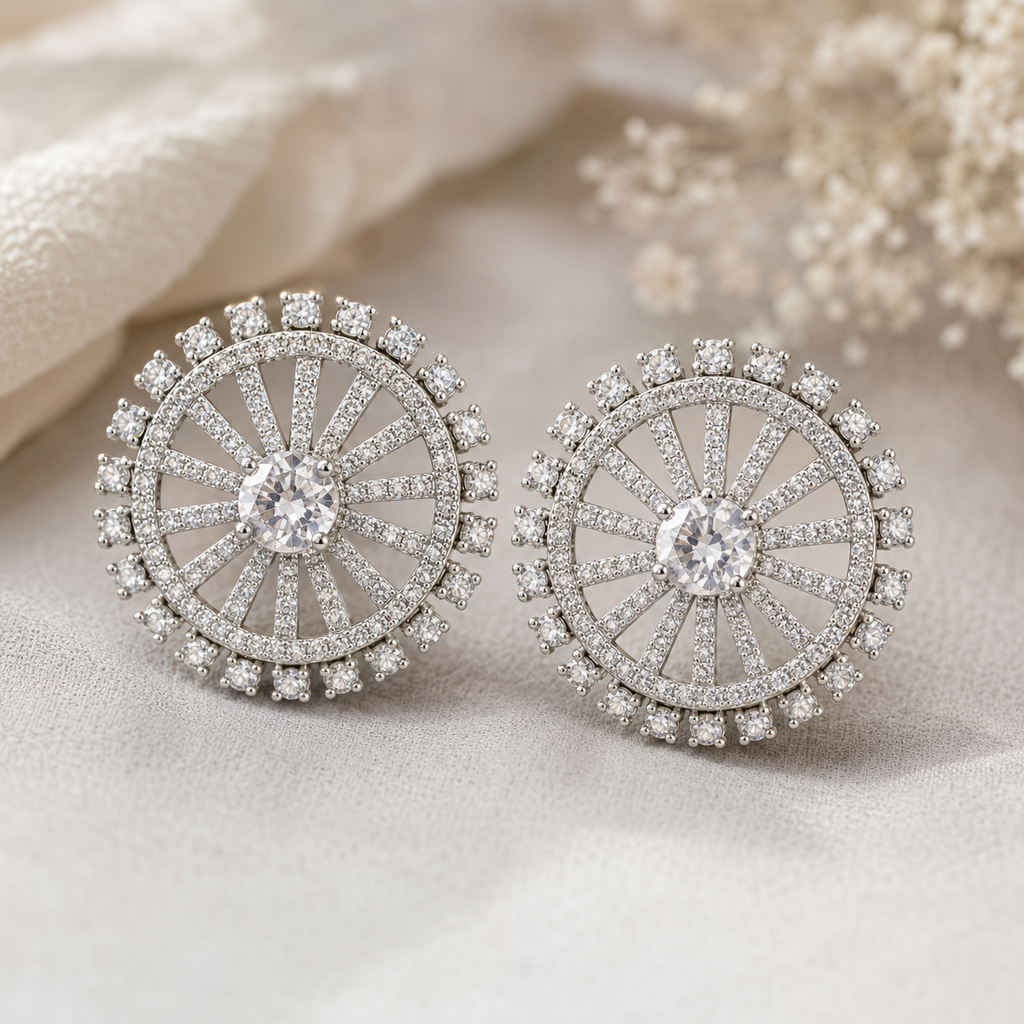 Manruya Silver Plated Sunburst Wheel Stud Earrings - أقراط الشمس الفضية