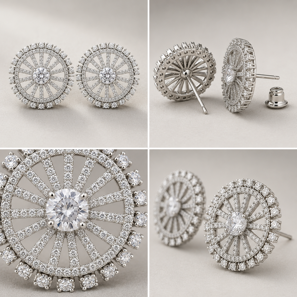 Manruya Silver Plated Sunburst Wheel Stud Earrings - أقراط الشمس الفضية