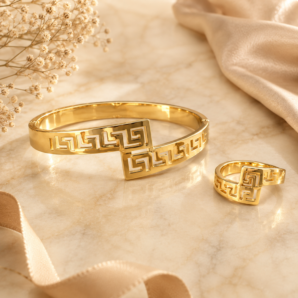 Manruya Anti-Tarnish Greek Pattern Bracelet & Ring Set | طقم سوار وخاتم مانرويا بنقشة يونانية مقاوم لتغير اللون