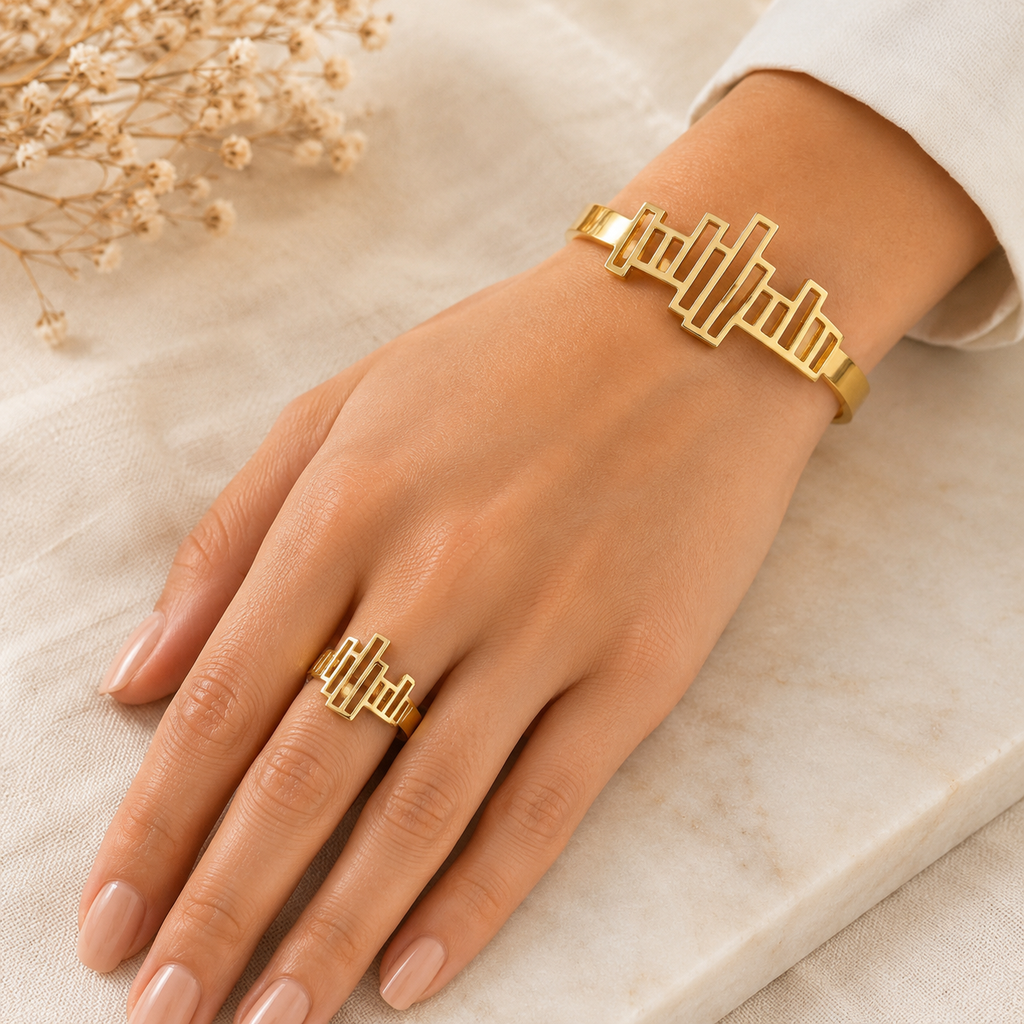 Manruya Anti-Tarnish Gold Geometric Bracelet & Ring Set – Premium Stainless Steel | طقم سوار وخاتم مانرويا الذهبي الهندسي المقاوم لتغير اللون