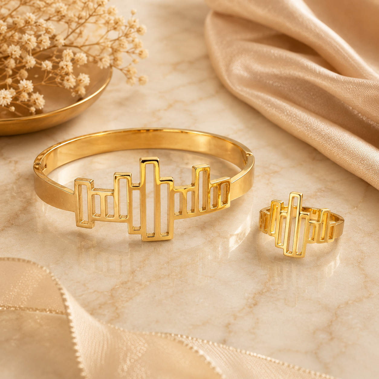 Manruya Anti-Tarnish Gold Geometric Bracelet & Ring Set – Premium Stainless Steel | طقم سوار وخاتم مانرويا الذهبي الهندسي المقاوم لتغير اللون