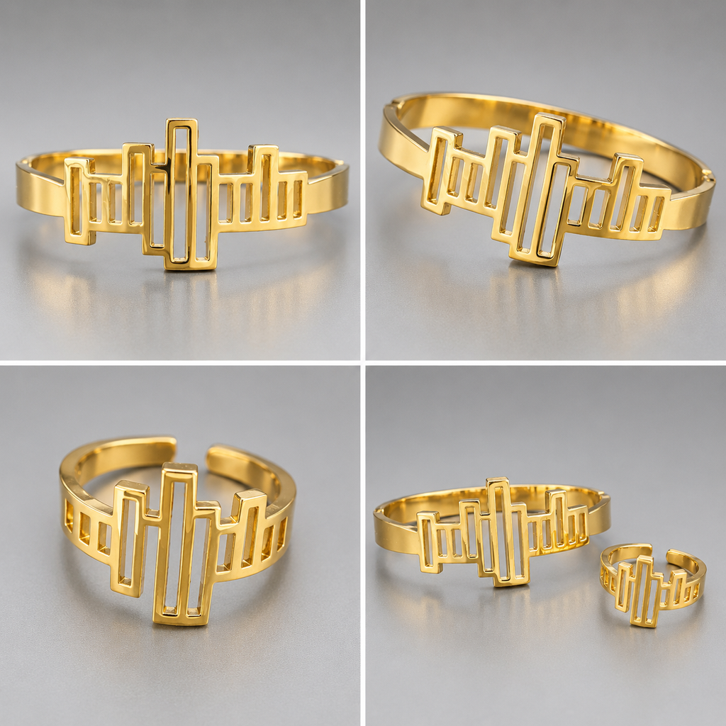 Manruya Anti-Tarnish Gold Geometric Bracelet & Ring Set – Premium Stainless Steel | طقم سوار وخاتم مانرويا الذهبي الهندسي المقاوم لتغير اللون