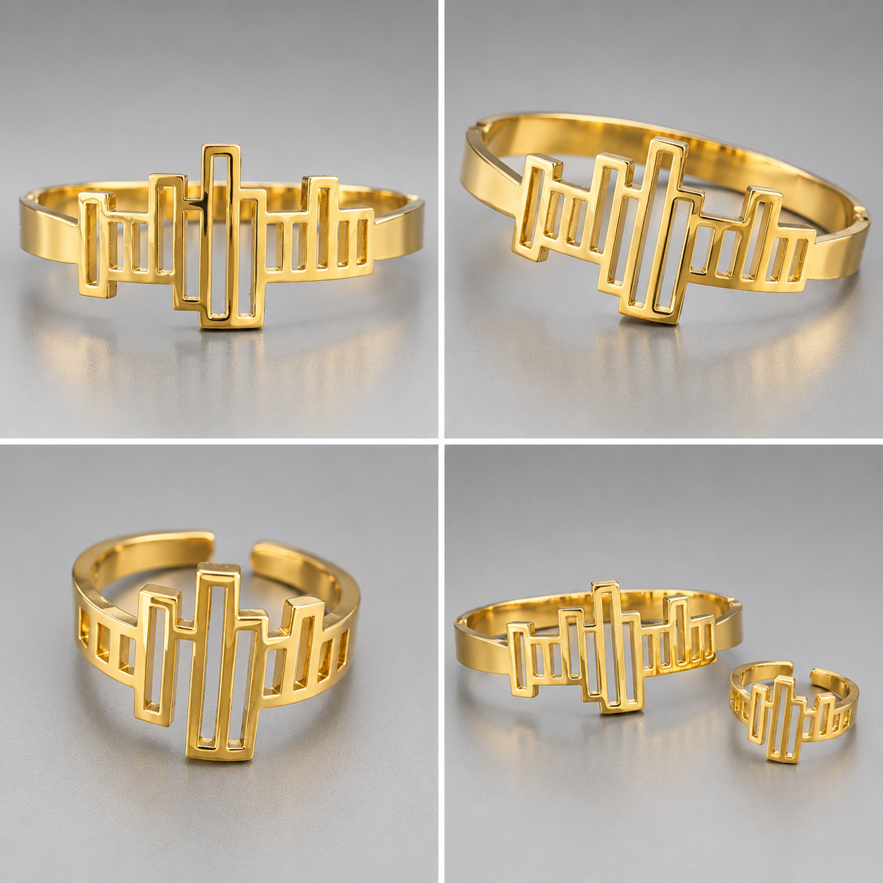 Manruya Anti-Tarnish Gold Geometric Bracelet & Ring Set – Premium Stainless Steel | طقم سوار وخاتم مانرويا الذهبي الهندسي المقاوم لتغير اللون