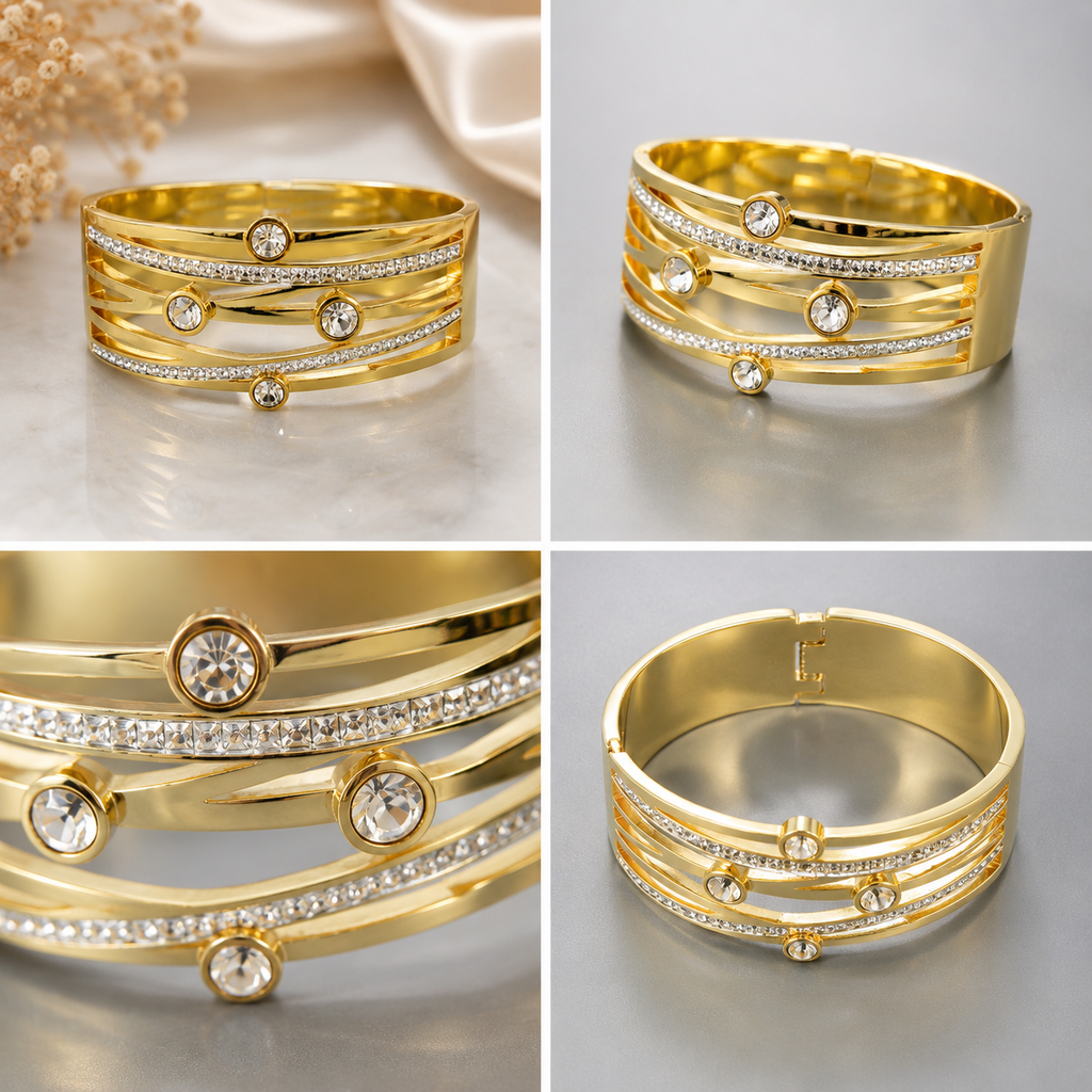 Manruya Anti-Tarnish Gold Crystal Cuff Bracelet | سوار مانرويا الذهبي المفتوح بالكريستال المقاوم لتغير اللون