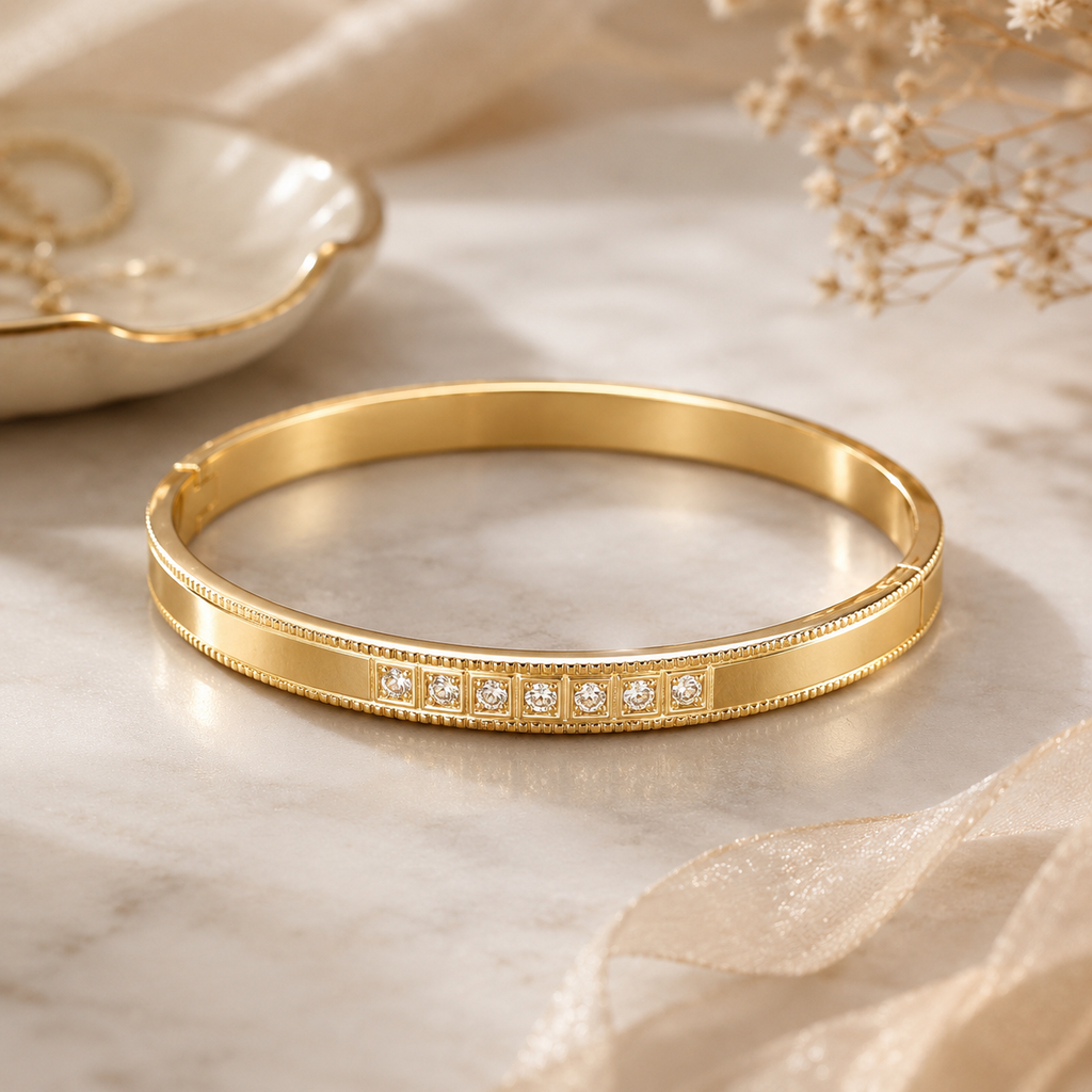 Manruya Anti-Tarnish Gold Crystal Bangle | سوار مانرويا الذهبي المرصع بالكريستال المقاوم لتغير اللون