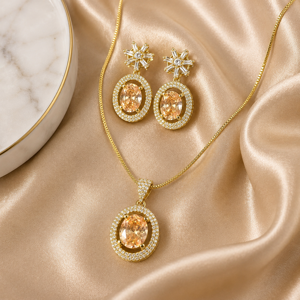 Manruya Champagne Crystal Pendant Set | طقم قلادة مانرويا بكريستال شامبانيا
