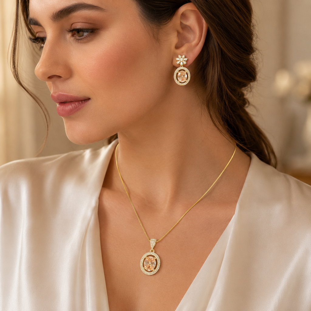 Manruya Champagne Crystal Pendant Set | طقم قلادة مانرويا بكريستال شامبانيا