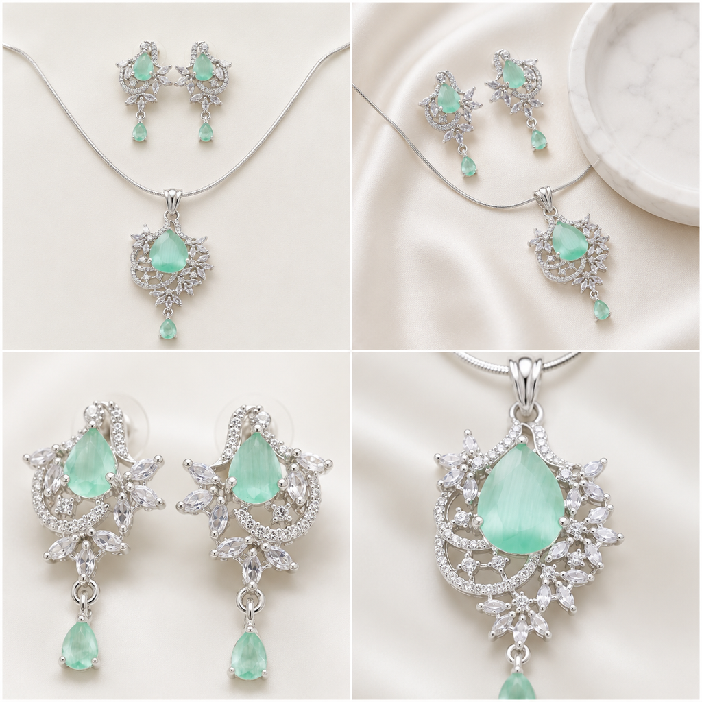 Manruya Mint Crystal Pendant Set | طقم قلادة مانرويا بكريستال أخضر نعناعي