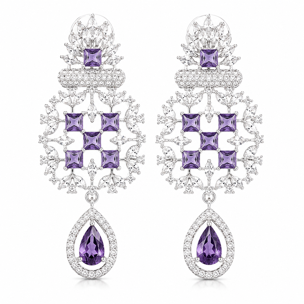 Royal Purple Amethyst Chandelier Drop Earrings – Luxury CZ Silver Danglers | أقراط بنفسجية فاخرة