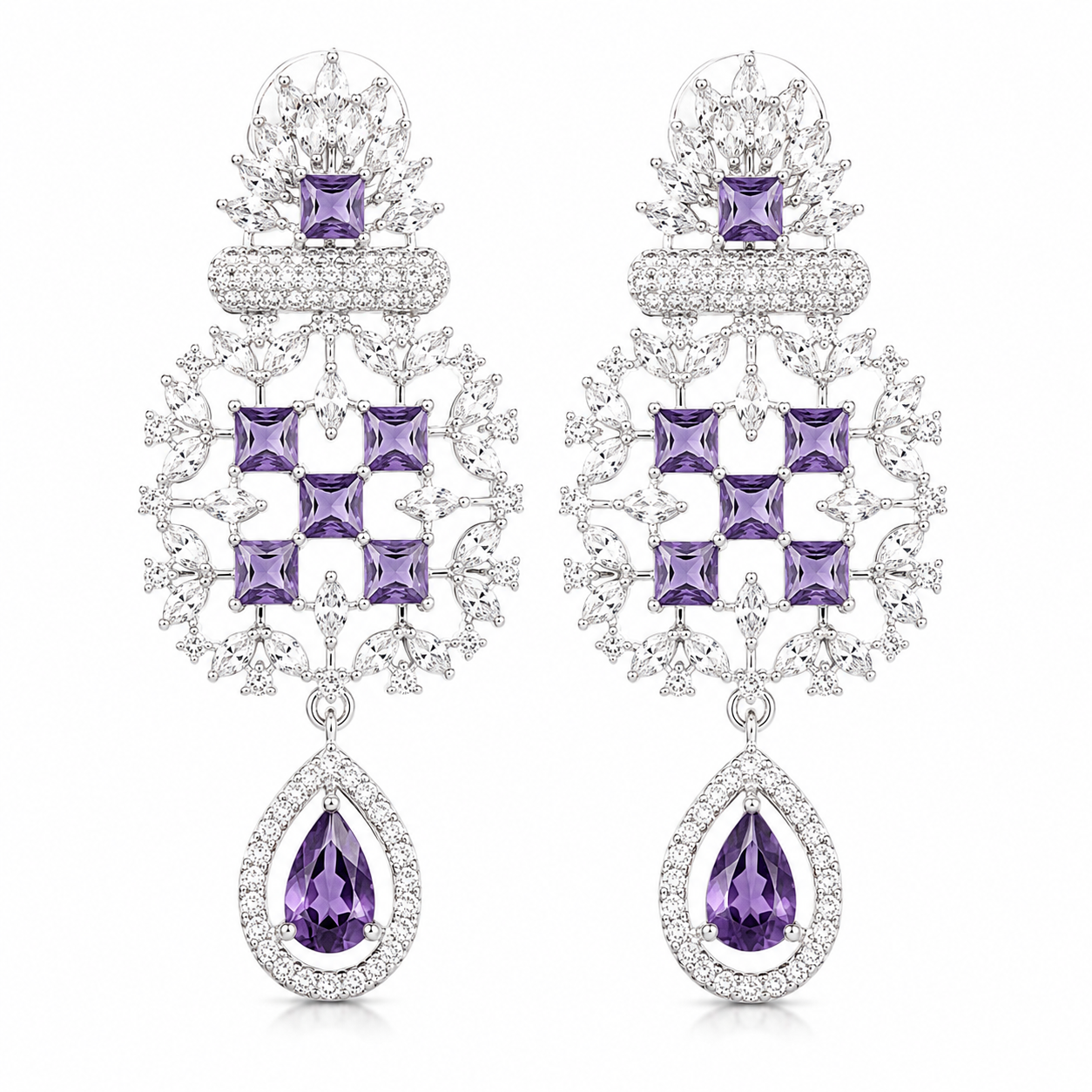 Royal Purple Amethyst Chandelier Drop Earrings – Luxury CZ Silver Danglers | أقراط بنفسجية فاخرة