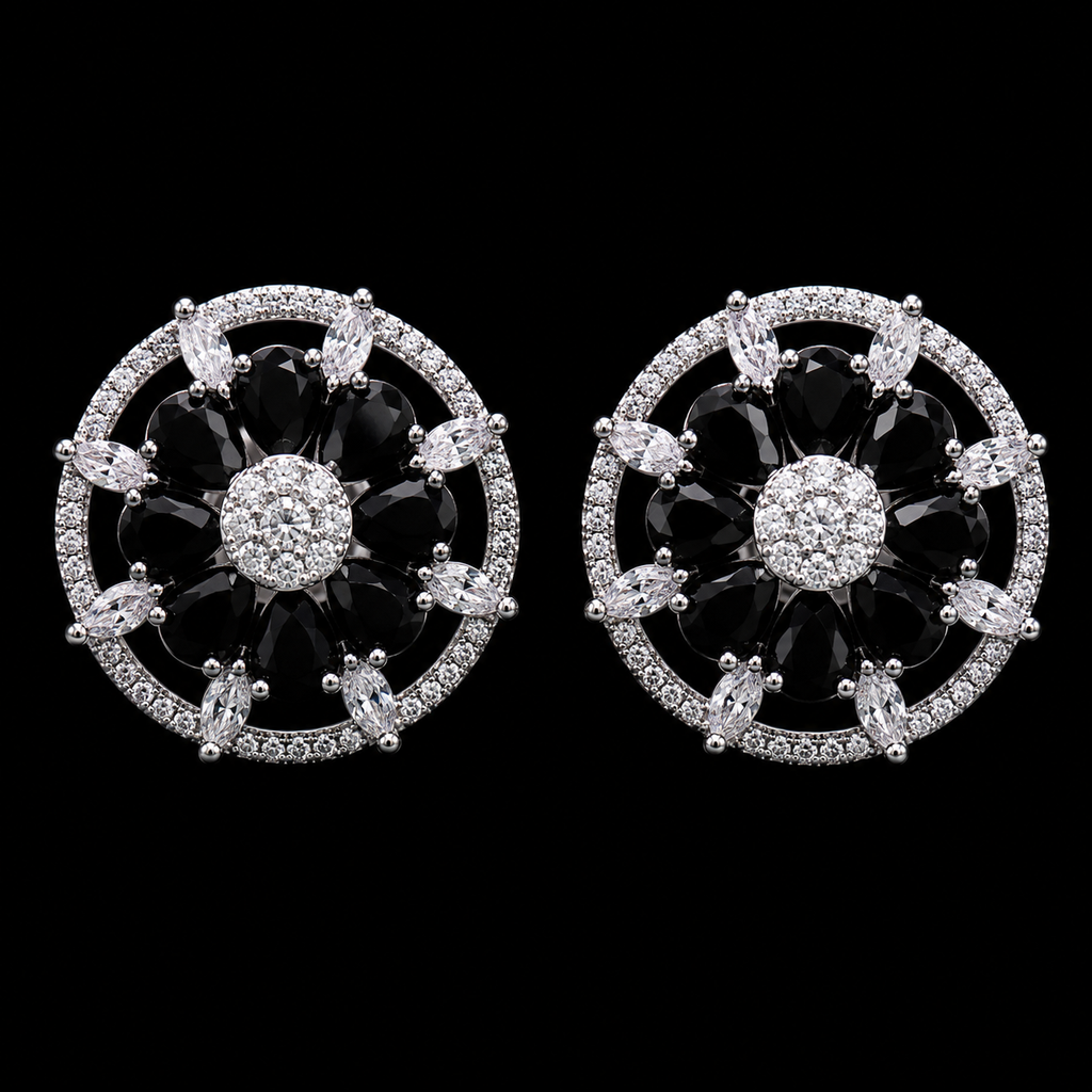 Midnight Black Onyx CZ Floral Wheel Stud Earrings – Luxury Round Statement Tops | أقراط زركون سوداء