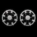 Midnight Black Onyx CZ Floral Wheel Stud Earrings – Luxury Round Statement Tops | أقراط زركون سوداء
