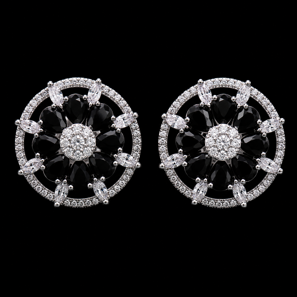 Midnight Black Onyx CZ Floral Wheel Stud Earrings – Luxury Round Statement Tops | أقراط زركون سوداء