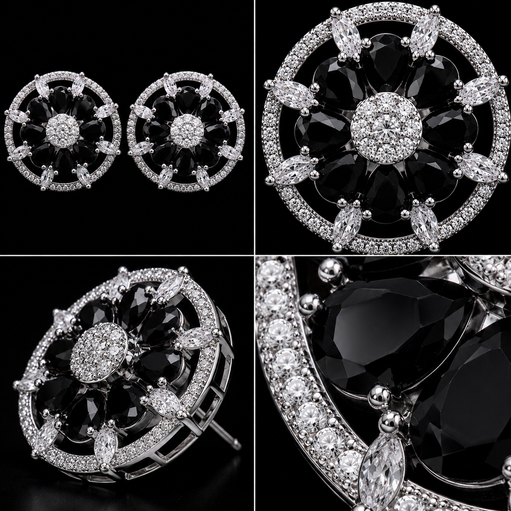 Midnight Black Onyx CZ Floral Wheel Stud Earrings – Luxury Round Statement Tops | أقراط زركون سوداء