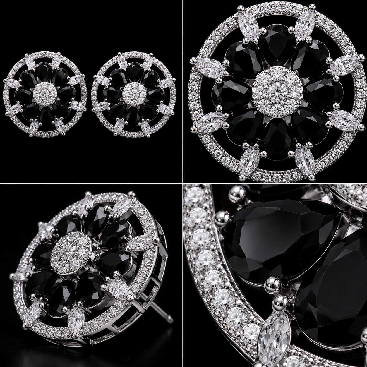 Midnight Black Onyx CZ Floral Wheel Stud Earrings – Luxury Round Statement Tops | أقراط زركون سوداء