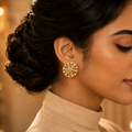 Gold Plated Smoky Quartz CZ Floral Wheel Stud Earrings – Vintage Statement Tops | أقراط زركون دائرية عتيقة