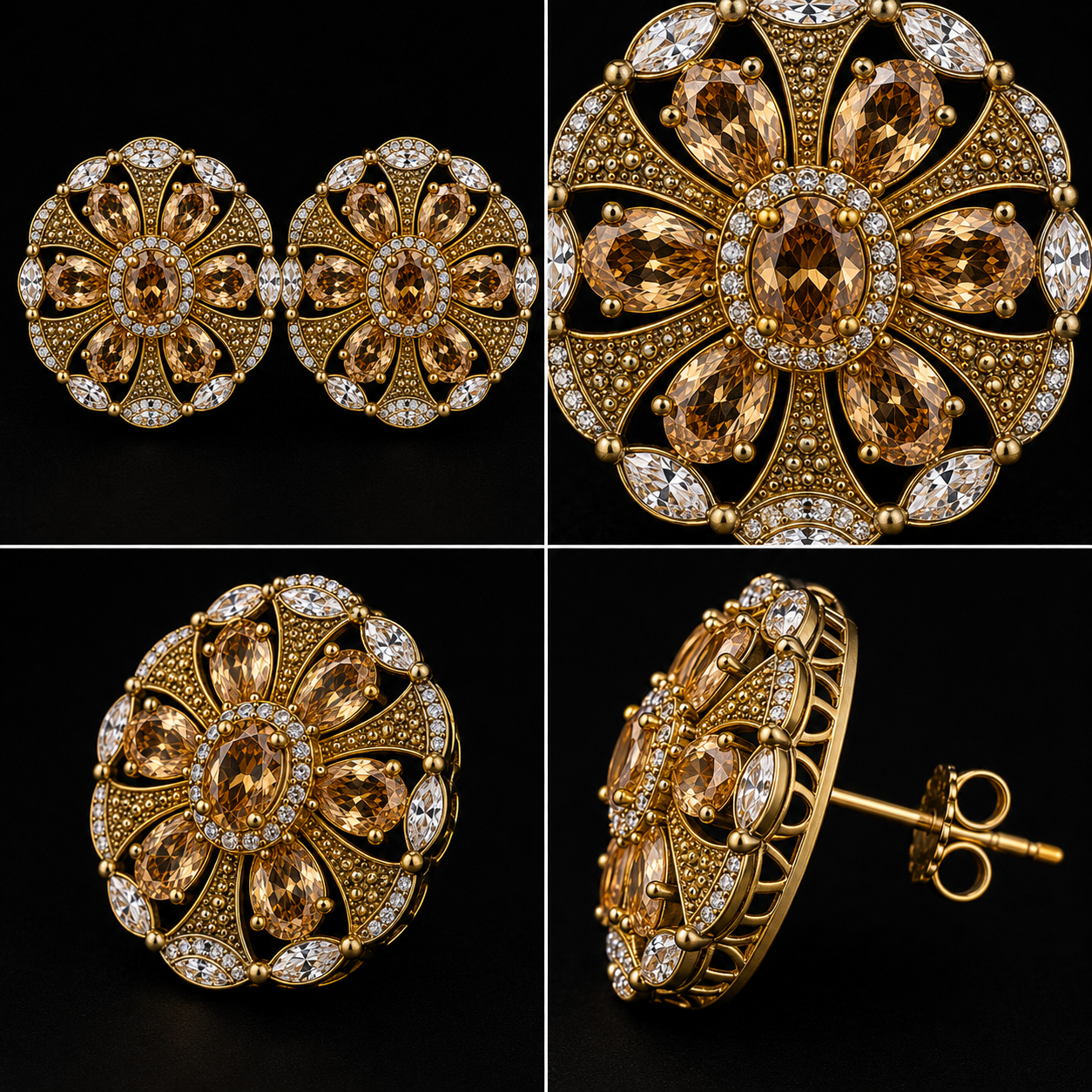 Gold Plated Smoky Quartz CZ Floral Wheel Stud Earrings – Vintage Statement Tops | أقراط زركون دائرية عتيقة